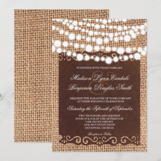 Landelijke snoerlampjes burlap bruiloft uitnodigin kaart (Voorkant / Achterkant)