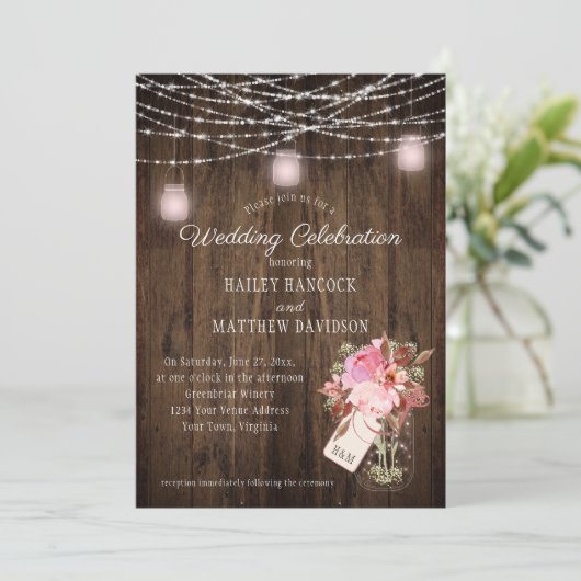 Landelijke snoerlampjes Roze potten Bruiloft Kaart (Staand voorkant)