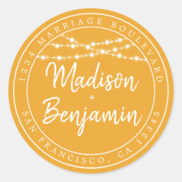 Landelijke sprookjeslichtjes Zachte gele retouradr Ronde Sticker