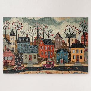 Landelijke stad in de herfst - Waterverf Legpuzzel