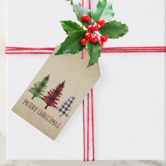 Landelijke stijl Buffel geruite kerstbomen Cadeaulabel