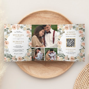 Landelijke Stofachtige Perzik Bloem Foto QR Code T Drieluik Uitnodiging