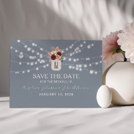 Landelijke Stofblauwe Mason Jar Save the Date