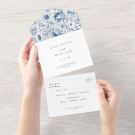 Landelijke Stofblauwe Rozen & Eucalyptus RSVP Trou All In One Uitnodiging