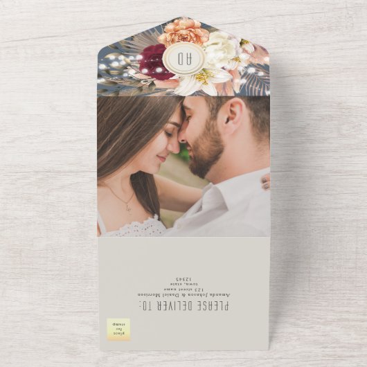 Landelijke Stofblauwe Slingerlichtjes Bloemige Bru All In One Uitnodiging (Buitenkant)