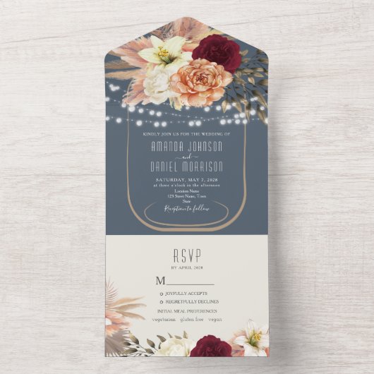 Landelijke Stofblauwe Slingerlichtjes Bloemige Bru All In One Uitnodiging (Binnen)