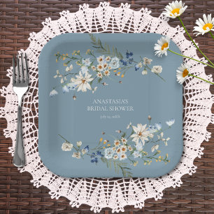 Landelijke Stofblauwe Wilde Bloemen & Madeliefjes  Papieren Bordje