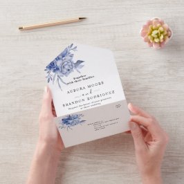 landelijke stoffige blauwe rozen en andere bloemen all in one uitnodiging