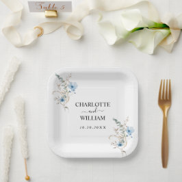 landelijke stoffige blauwe waterverf bloemboeket papieren bordje