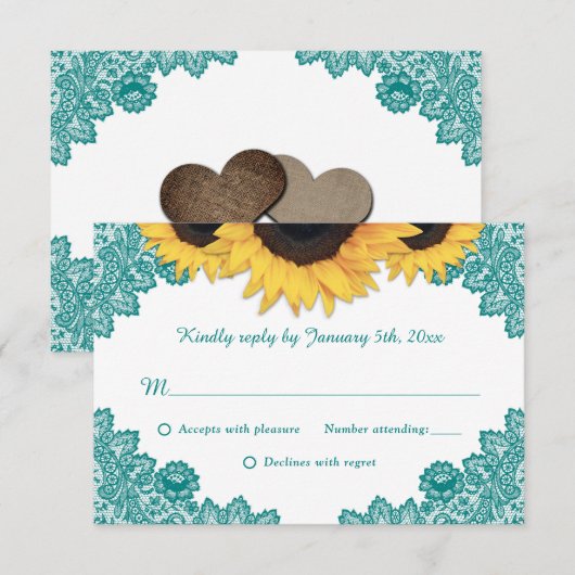 Landelijke Teal Kant Lace Bloem Zonnewiede Huwelij RSVP Kaartje (Voorkant / Achterkant)