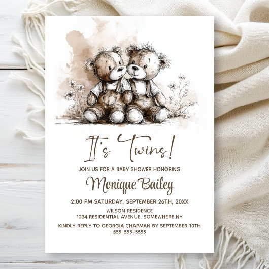 Landelijke Teddybeer Tweeling Baby Shower Kaart
