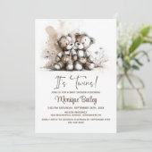 Landelijke Teddybeer Tweeling Baby Shower Kaart (Staand voorkant)