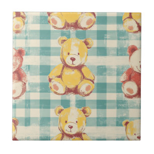 Landelijke teddyberen op versleten teal geruit tegeltje