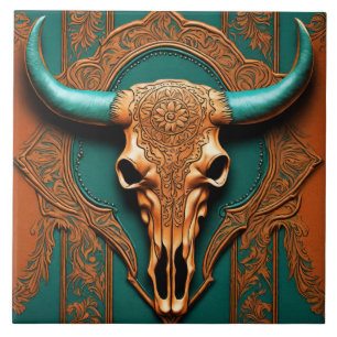 Landelijke Terracotta Teal Westerse Land Stier Sch Tegeltje