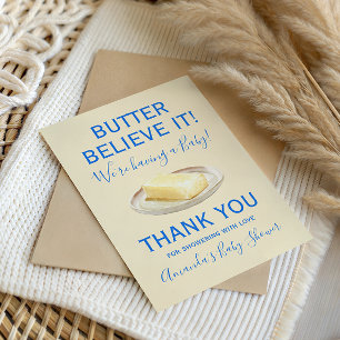 Landelijke thema boter geel blauwe babyshower bedankkaart