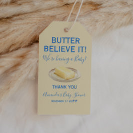 Landelijke thema boter geel blauwe babyshower cadeaulabel