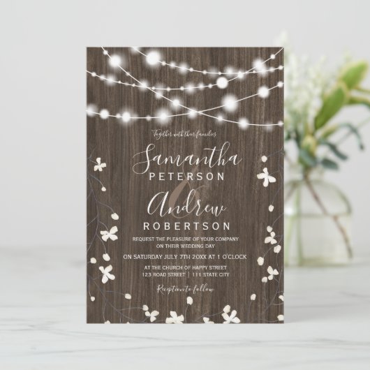 Landelijke touwlichten florale bruiloft kaart (Staand voorkant)