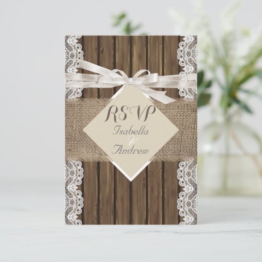 Landelijke trouwbeige RSVP-kant met houten jute 3 RSVP Kaartje (Staand voorkant)