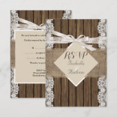 Landelijke trouwbeige RSVP-kant met houten jute 3 RSVP Kaartje (Voorkant / Achterkant)