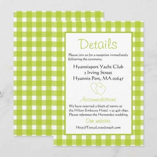 Landelijke Trouwdetails Gingham Groen Geruit Feest Kaart (Voorkant / Achterkant)