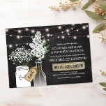 Landelijke trouwe Chalkboard Wood Weddenschap Kaart<br><div class="desc">MASON JAR STRING LIGHTS WEDDING INVITATIONS | Een rustige zwarte achtergrond,  touwtreklichten,  een moeraspot en een flesje met een cadeautje label dat er omheen geknoopt is met de paren initialen,  zoete witte bloemen,  een stuk landhout en elegante trouwformulering. Vind andere uitnodigingen voor het landhuwelijk op http://www.zazzle.com/special_stationery*</div>