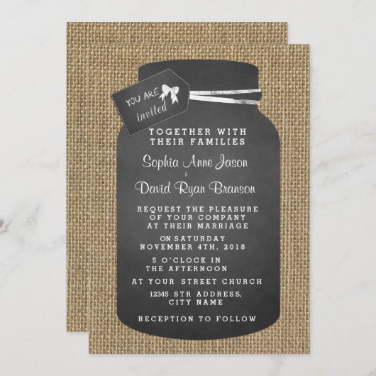 Landelijke trouwkaart met jampot en jute zak kaart (Voorkant / Achterkant)