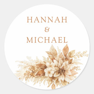 Landelijke Trouwsticker Bloemen Herfst Beige Bewer Ronde Sticker