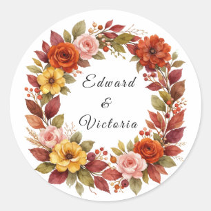 Landelijke Trouwsticker Bloemenkrans Herfst Oranje Ronde Sticker