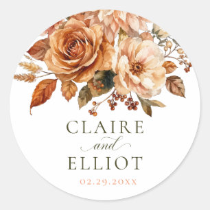 Landelijke Trouwsticker Roos Bloem Herfst Oranje Ronde Sticker