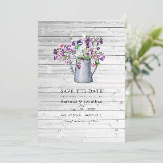 Landelijke Tuin Bruiloft met Zoete Erwt Bloemen Save The Date (Staand voorkant)