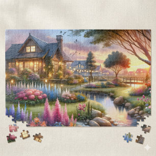 Landelijke Tuinbeek bij Zonsondergang Legpuzzel