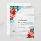 Landelijke turquoise en koraal bloemige bruiloft aankondigingskaart (Voorkant / Achterkant)
