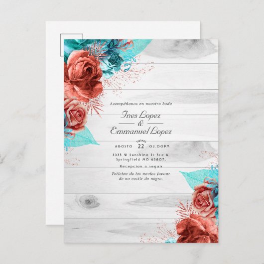 Landelijke turquoise en koraal bloemige bruiloft aankondigingskaart (Voorkant / Achterkant)