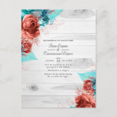 Landelijke turquoise en koraal bloemige bruiloft aankondigingskaart (Voorkant)