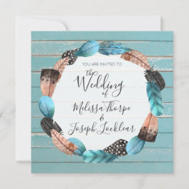 Landelijke turquoise houten veren trouwuitnodiging kaart