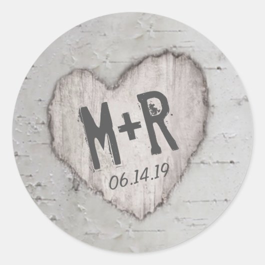 Landelijke uitgehouwen hart beginletters berkenboo ronde sticker (Voorkant)