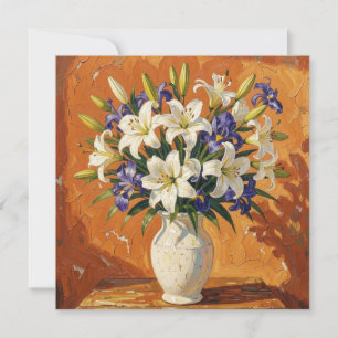 Landelijke vaas met lelies en irisbloemen kaart
