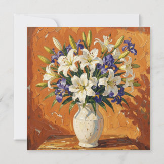 Landelijke vaas met lelies en irisbloemen kaart