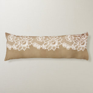 Landelijke vintage beige jute en witte kant lichaamskussen