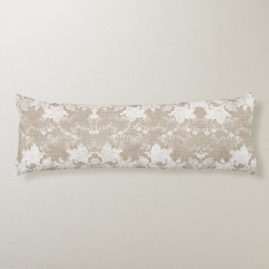 Landelijke vintage beige jute en witte kant lichaamskussen (Voorkant)