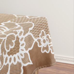 Landelijke vintage beige jute en witte kant tafelkleed