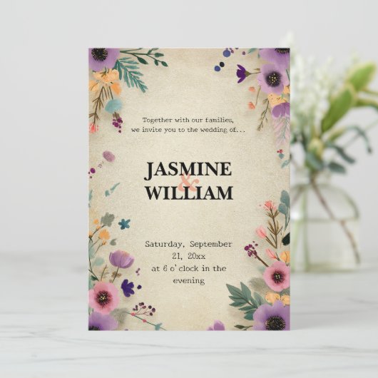 🌼 Landelijke Vintage Bloem Bruiloft Uitnodiging (Staand voorkant)