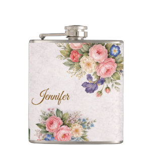 Landelijke Vintage Gepersonaliseerde Bloem Roos On Heupfles