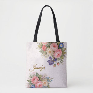Landelijke Vintage Gepersonaliseerde Bloem Roos On Tote Bag