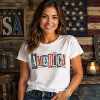Landelijke vintage houten blok AMERIKA Patriottisc T-shirt