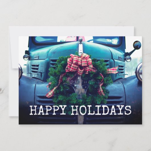 Landelijke vintage landtruck met krans feestdagenkaart (Voorkant)
