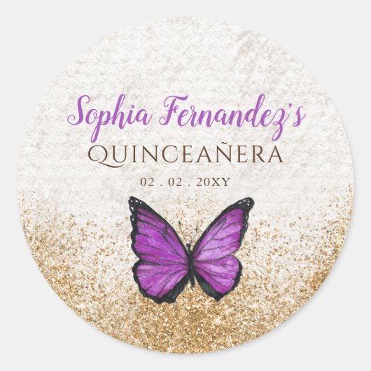 Landelijke Vintage Paars Goud Vlinder Ronde Sticker (Voorkant)