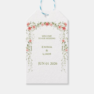 Landelijke Vintage Roze Bloemrijke Boog Bruiloft Cadeaulabel