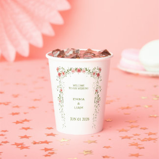 Landelijke Vintage Roze Bloemrijke Boog Bruiloft Papieren Bekers