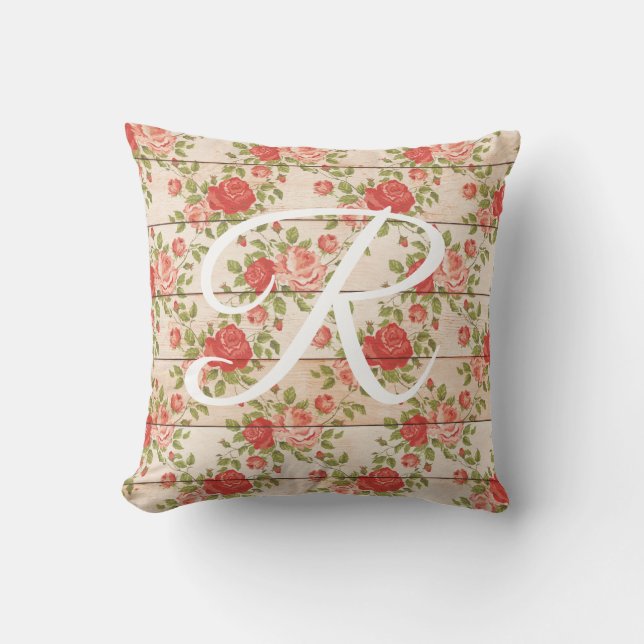 Landelijke Vintage Rozen Monogram Kussen (Voorkant)